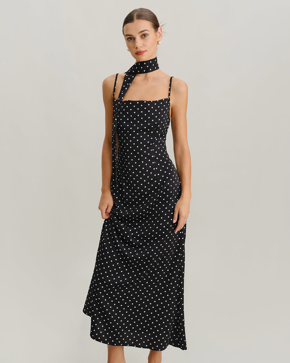 Black Polka Dot Cowl Neck Slip Maxi Dress | Rihoas