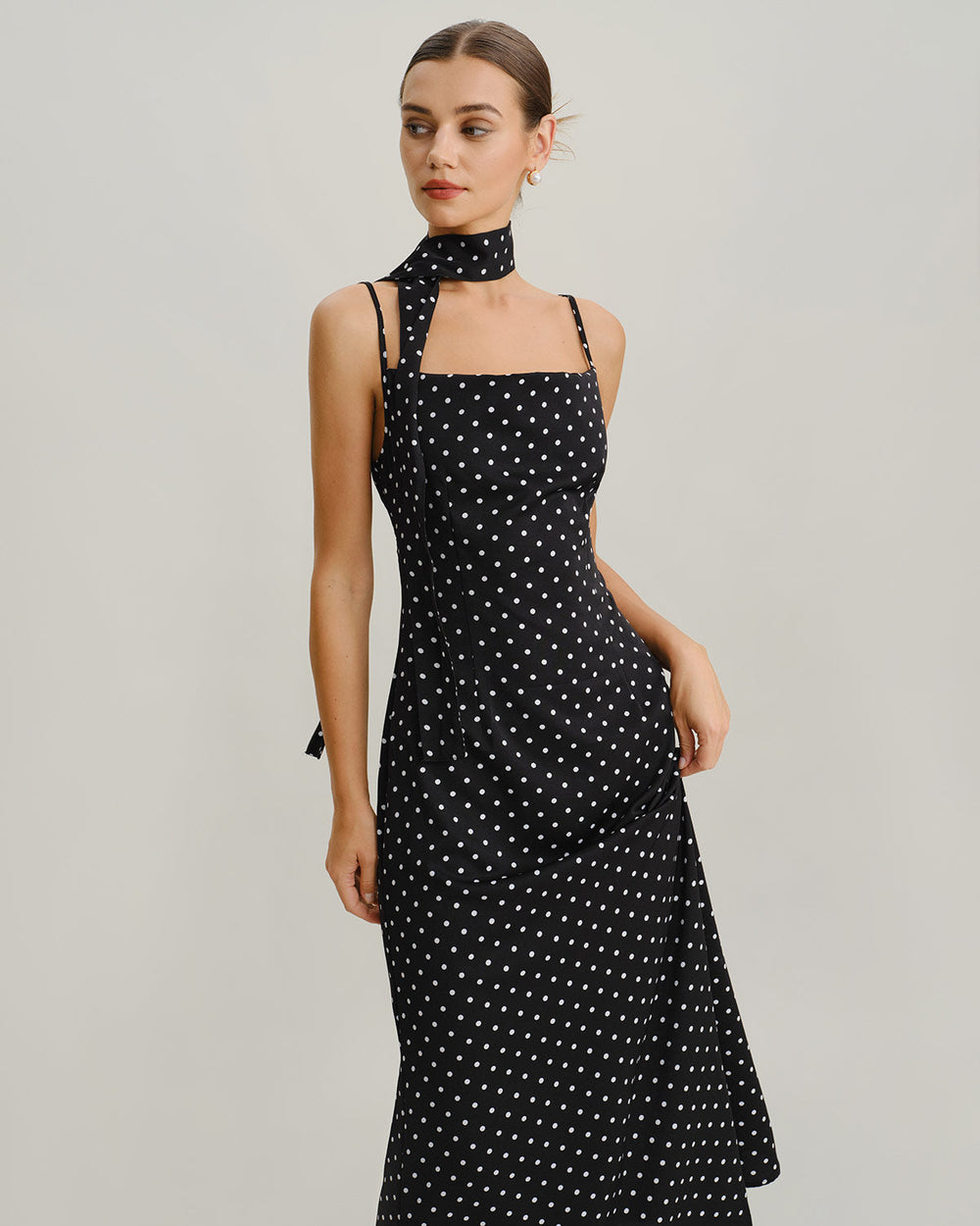 Black Polka Dot Cowl Neck Slip Maxi Dress | Rihoas
