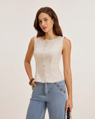 Apricot Boat Neck Button Vest | Rihoas
