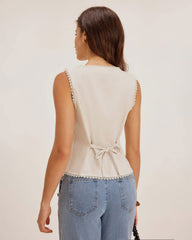 Apricot Boat Neck Button Vest | Rihoas