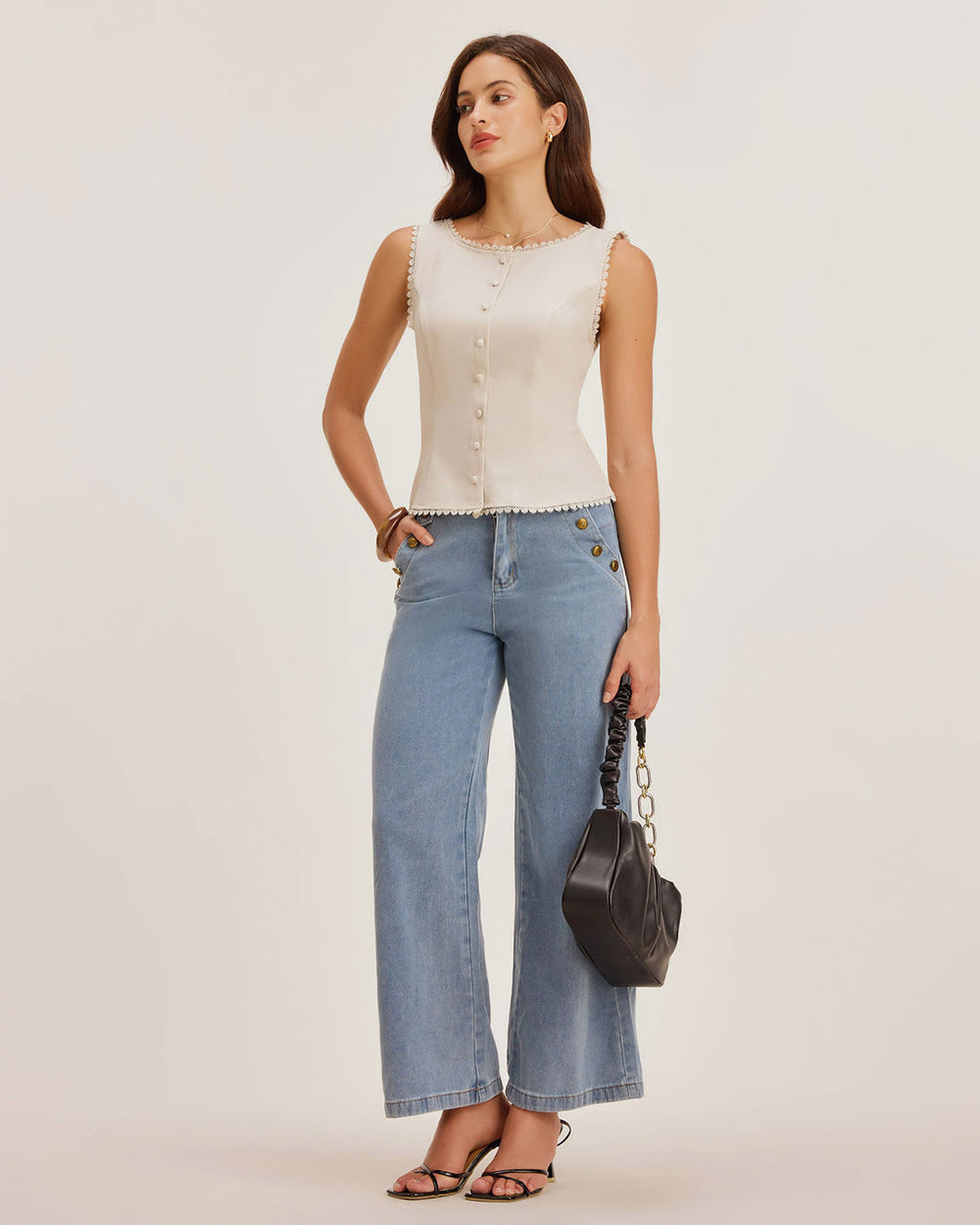 Apricot Boat Neck Button Vest | Rihoas