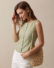 Green Boat Neck Single Breasted Vest | Rihoas