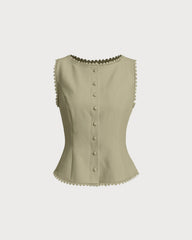 Green Boat Neck Single Breasted Vest | Rihoas