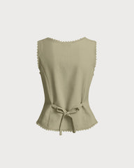 Green Boat Neck Single Breasted Vest | Rihoas