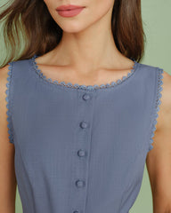 Blue Boat Neck Single Breasted Vest | Rihoas