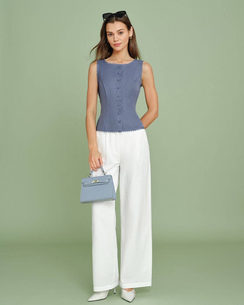 Blue Boat Neck Single Breasted Vest | Rihoas