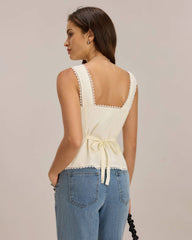 Beige Vest V Neck Lace Tie-Back Vest | Rihoas