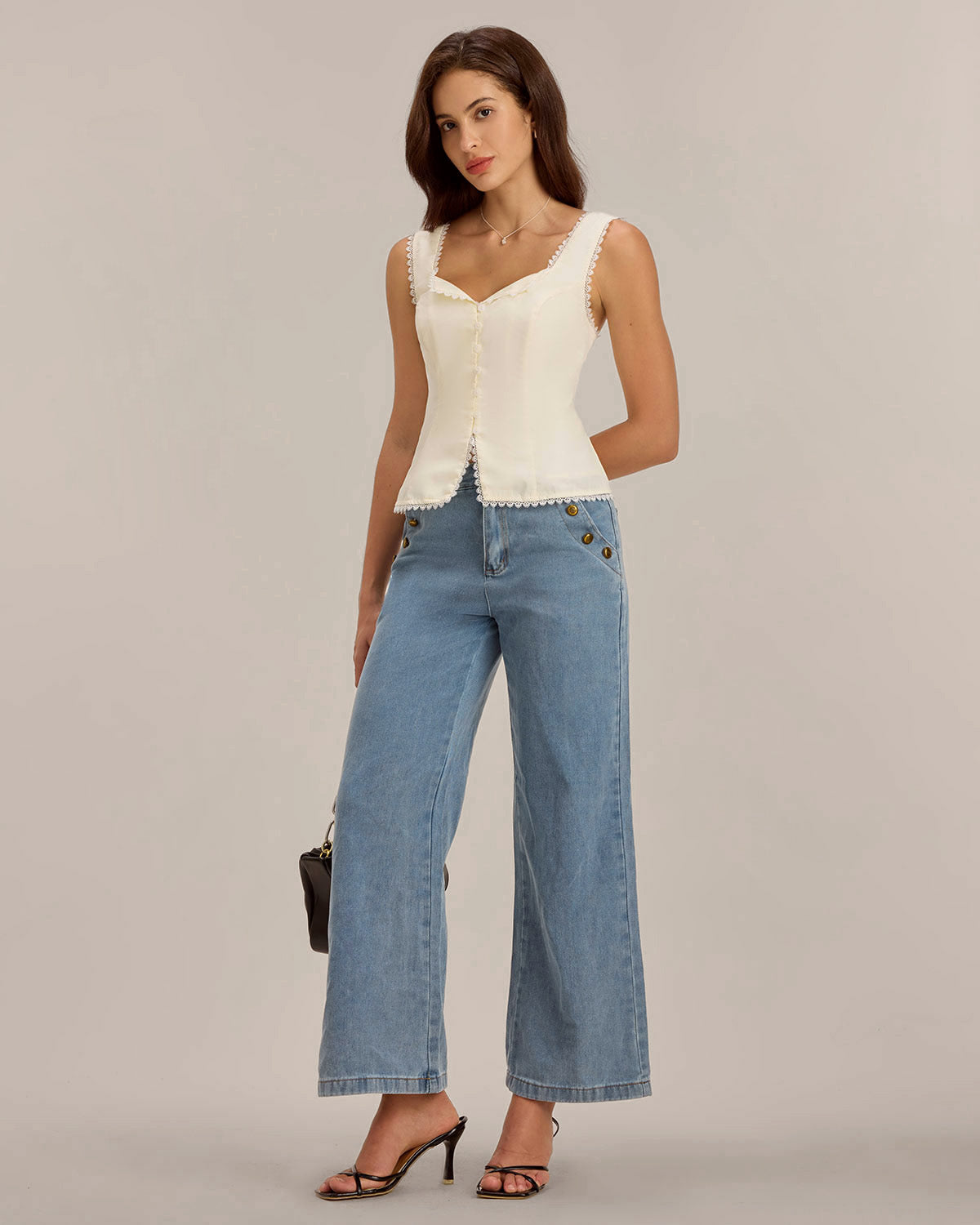 Beige Vest V Neck Lace Tie-Back Vest | Rihoas