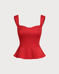 Red Sweetheart Neck Ruffle Tank Top | Rihoas