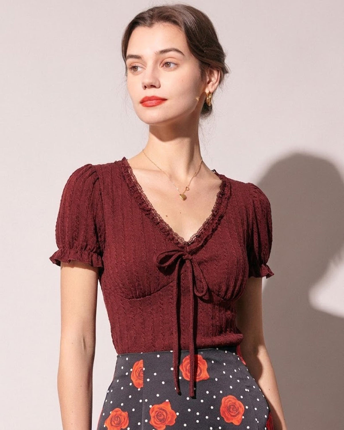 Wine Red V Neck Textured Tee | Rihoas