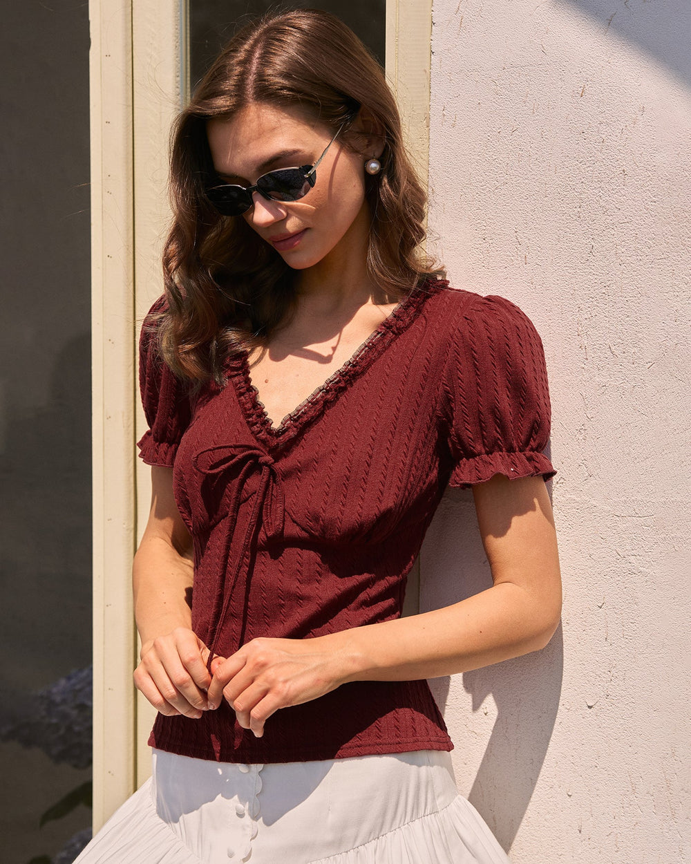 Wine Red V Neck Textured Tee | Rihoas