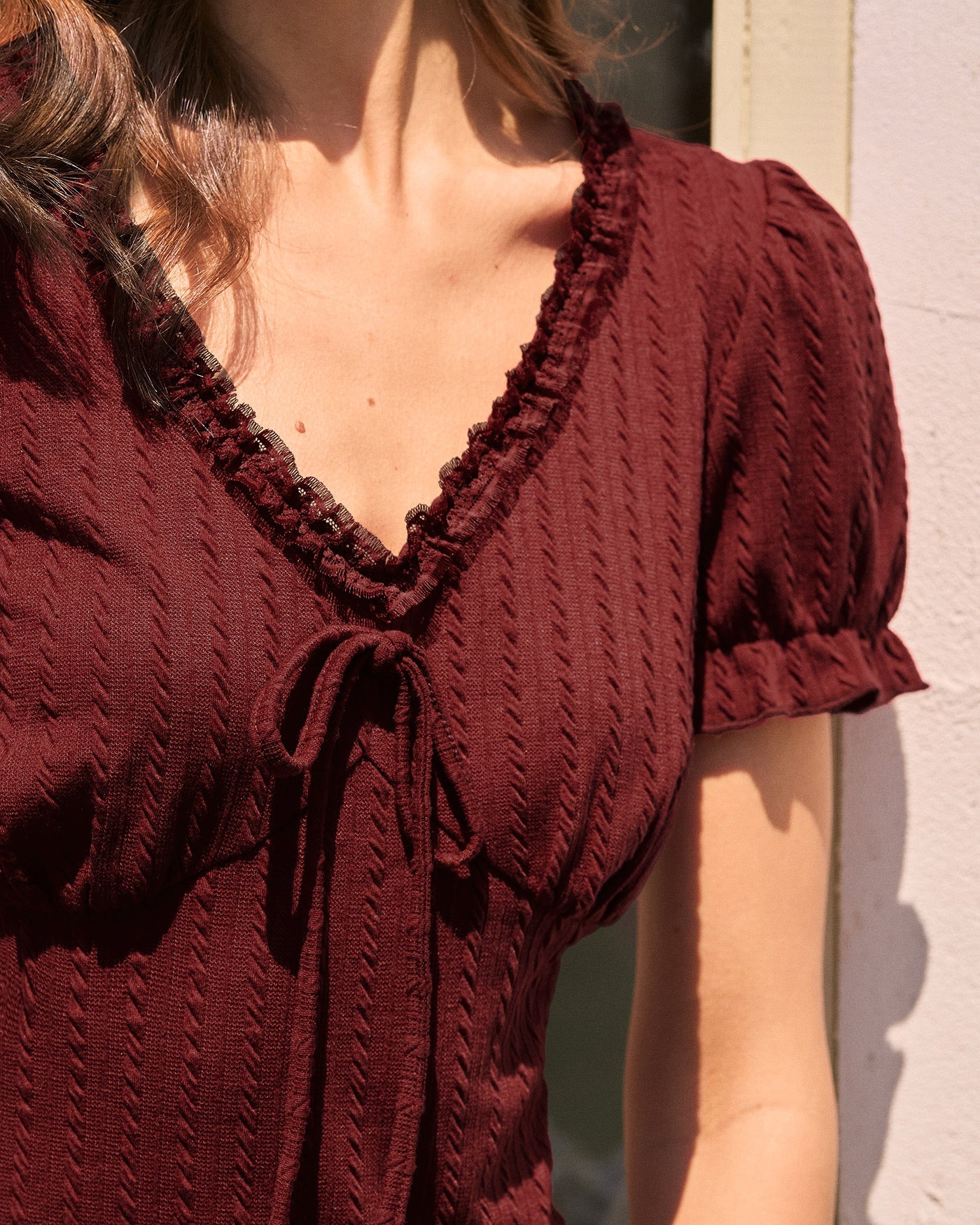Wine Red V Neck Textured Tee | Rihoas