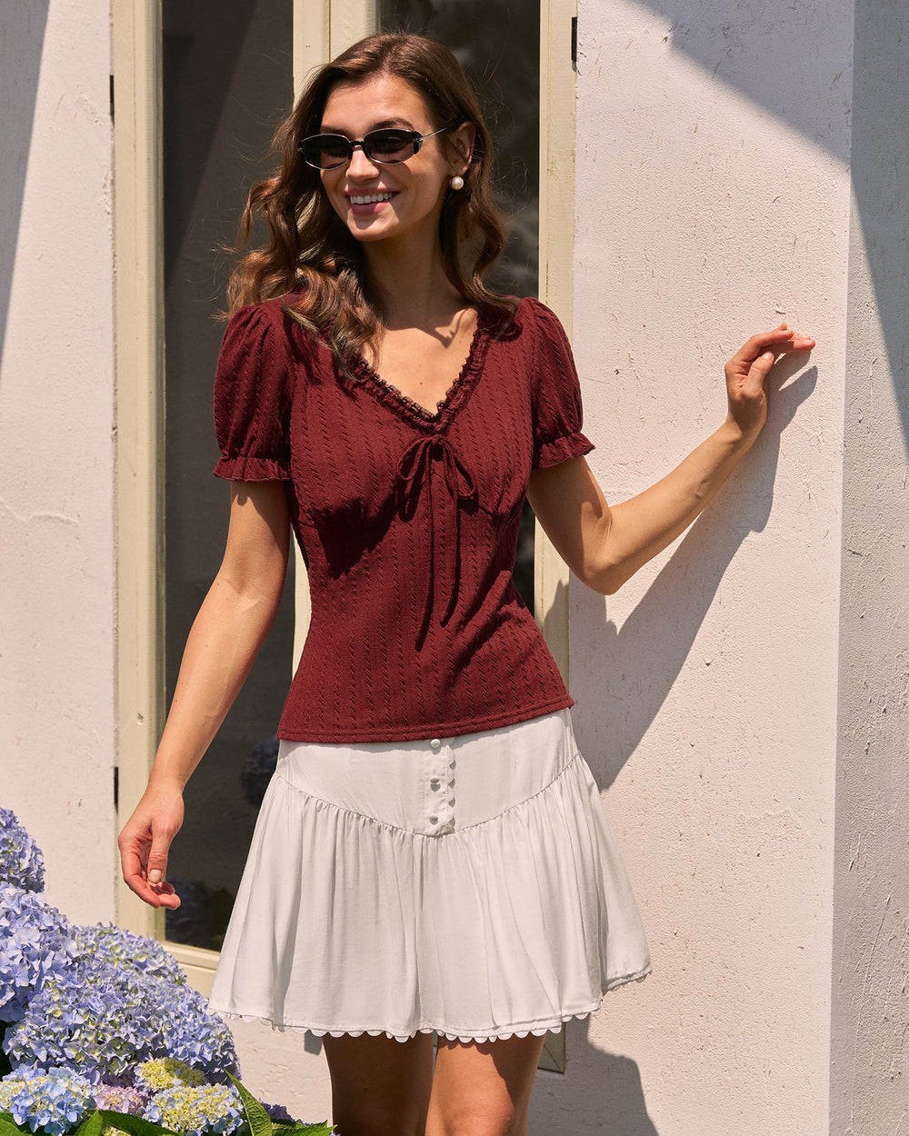 Wine Red V Neck Textured Tee | Rihoas