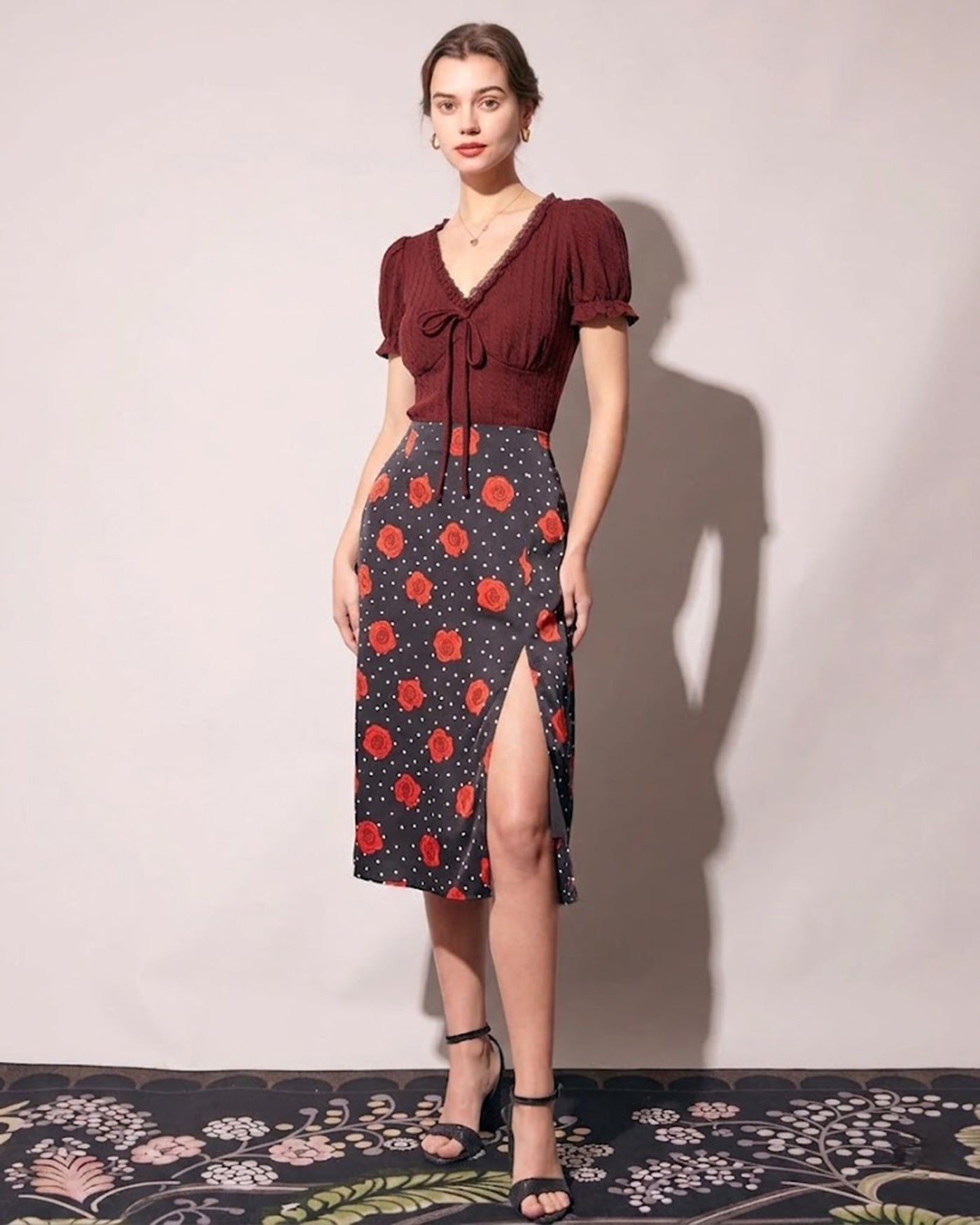 Wine Red V Neck Textured Tee | Rihoas