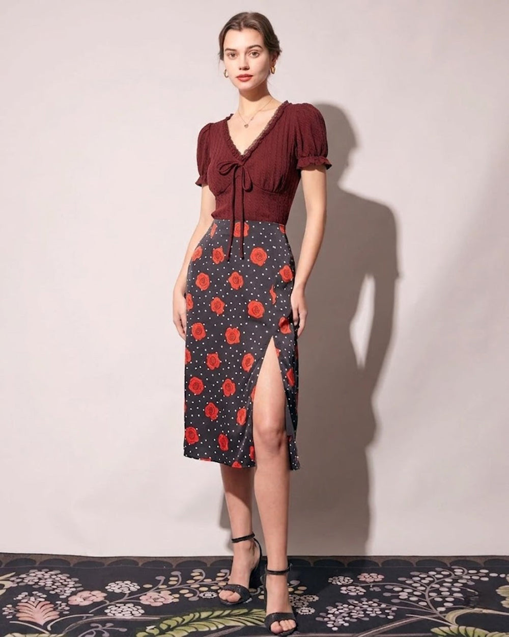 Wine Red V Neck Textured Tee | Rihoas