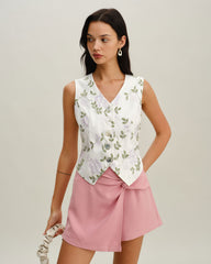 White Embroidery V Neck Button Vest | Rihoas