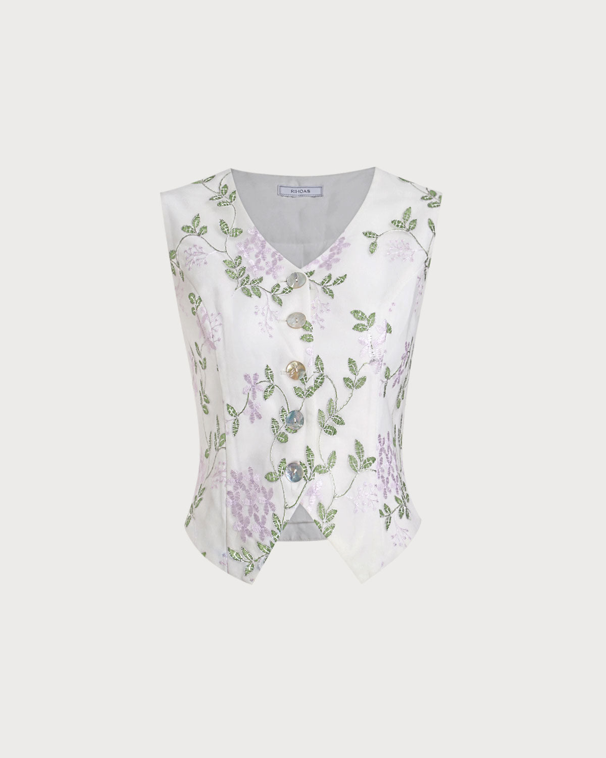 White Embroidery V Neck Button Vest | Rihoas