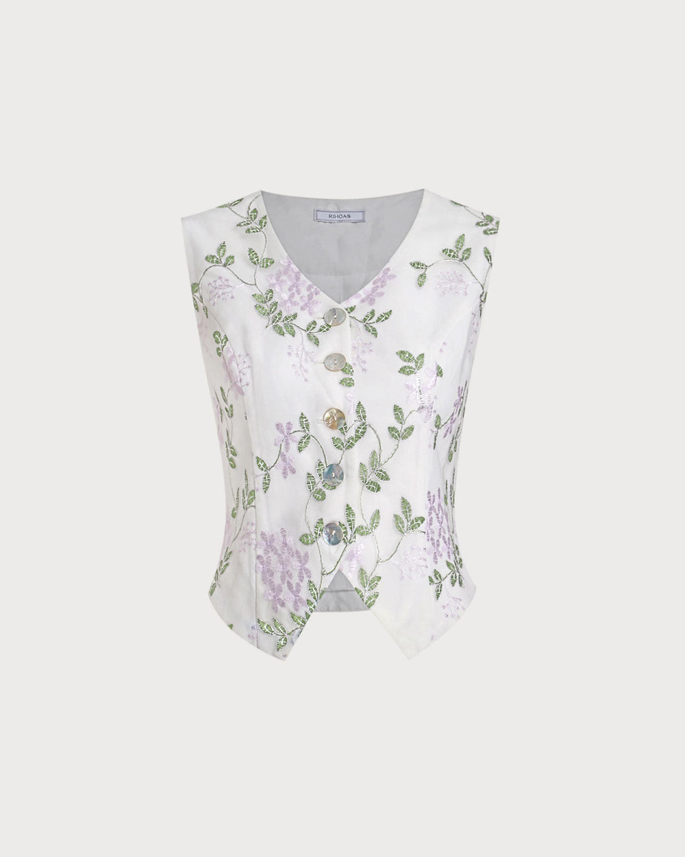 White Embroidery V Neck Button Vest | Rihoas