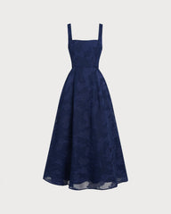 Navy Jacquard Slip Maxi Dress | Rihoas