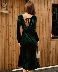 Green Velour Boat Neck Ruched Midi Dress | Rihoas