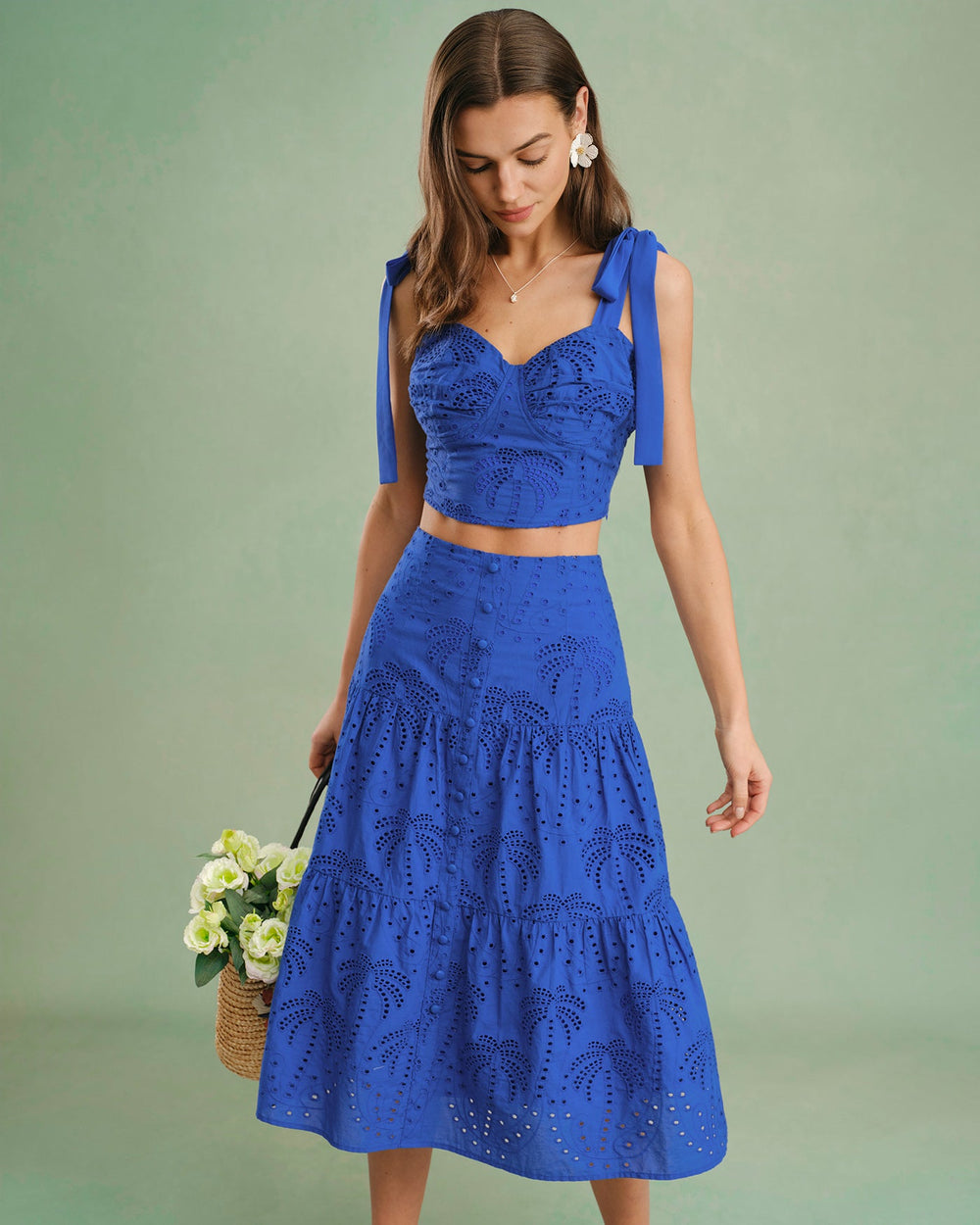 Blue Sweetheart Neck Embroidery Cami Top | Rihoas