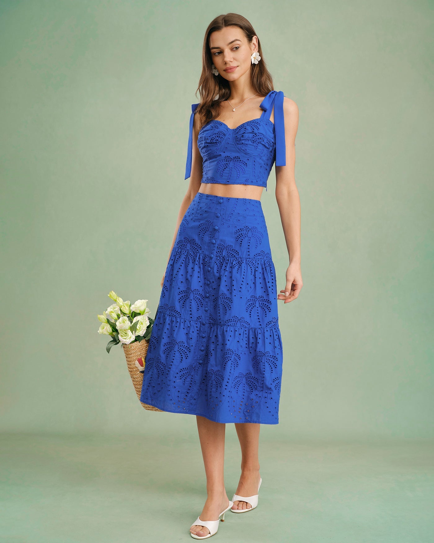 Blue Sweetheart Neck Embroidery Cami Top | Rihoas