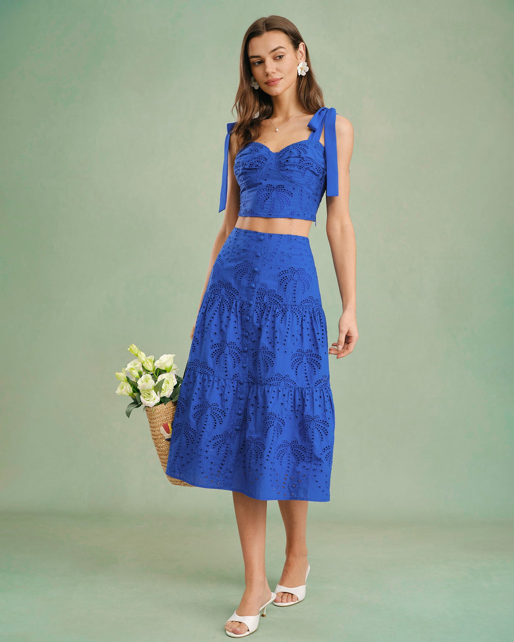 Blue Sweetheart Neck Embroidery Cami Top | Rihoas