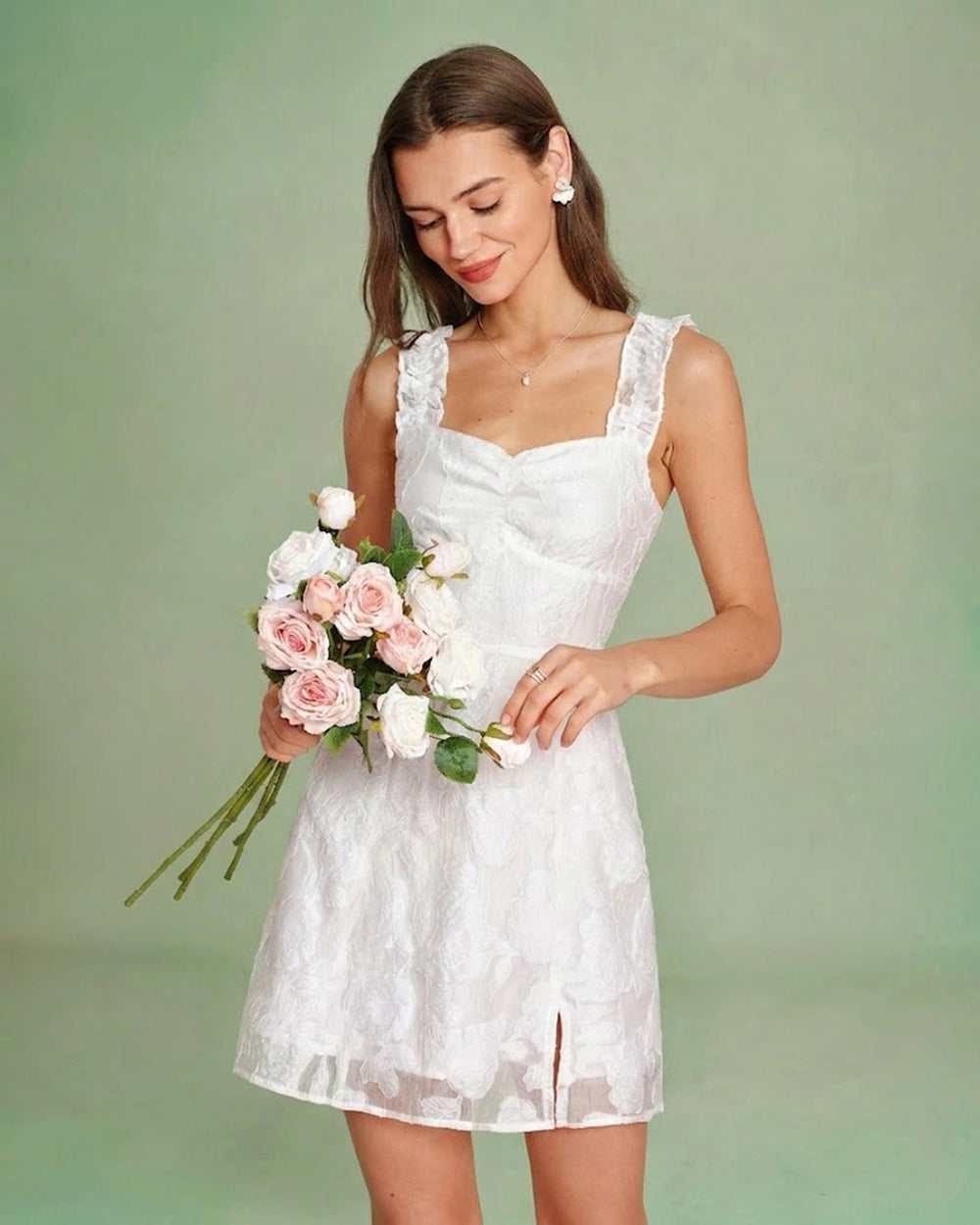 White Sweetheart Neck Jacquard Mini Dress | Rihoas