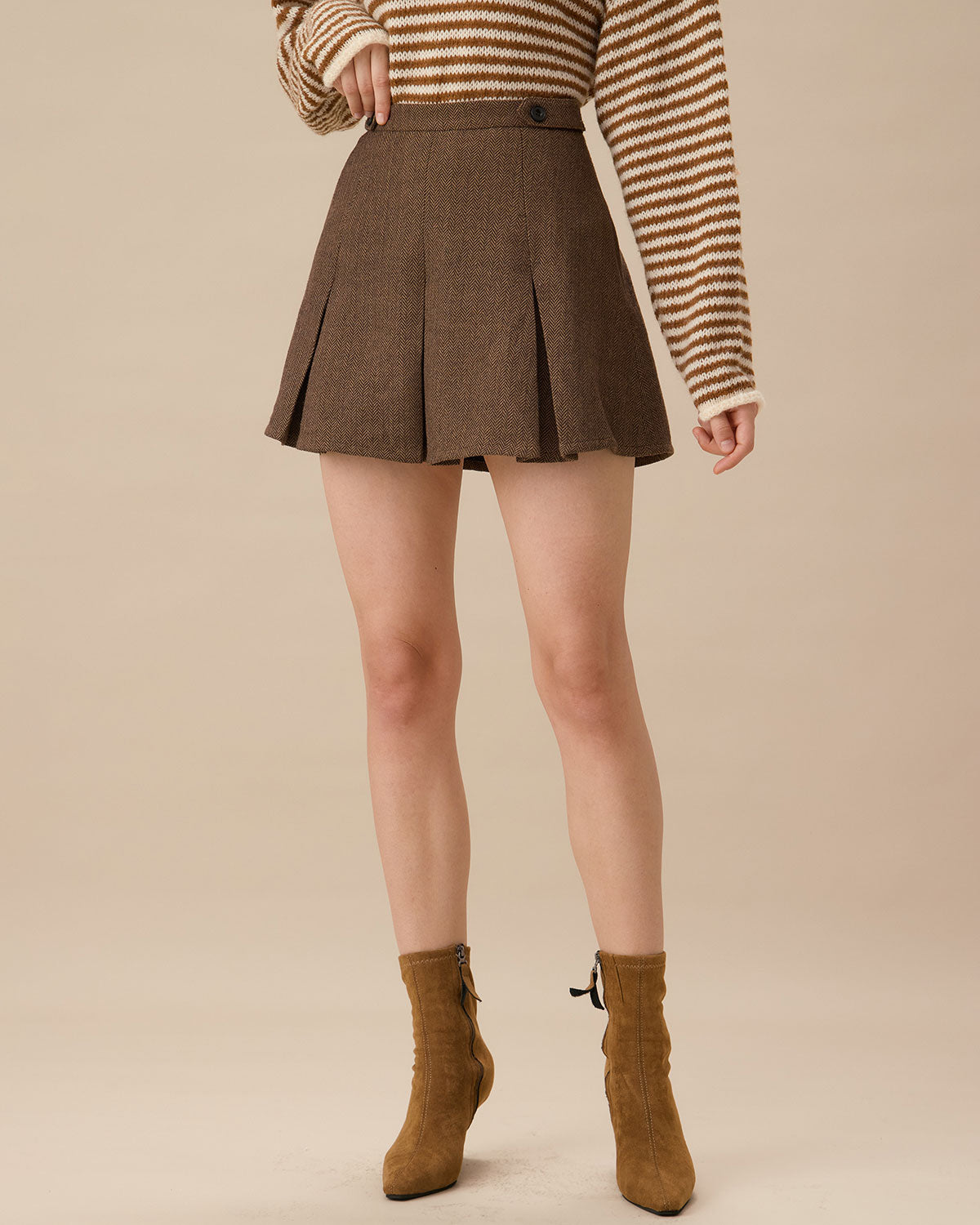 Brown Striped Pleated Mini Skirt | Rihoas