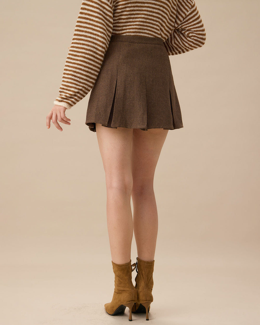 Brown Striped Pleated Mini Skirt | Rihoas