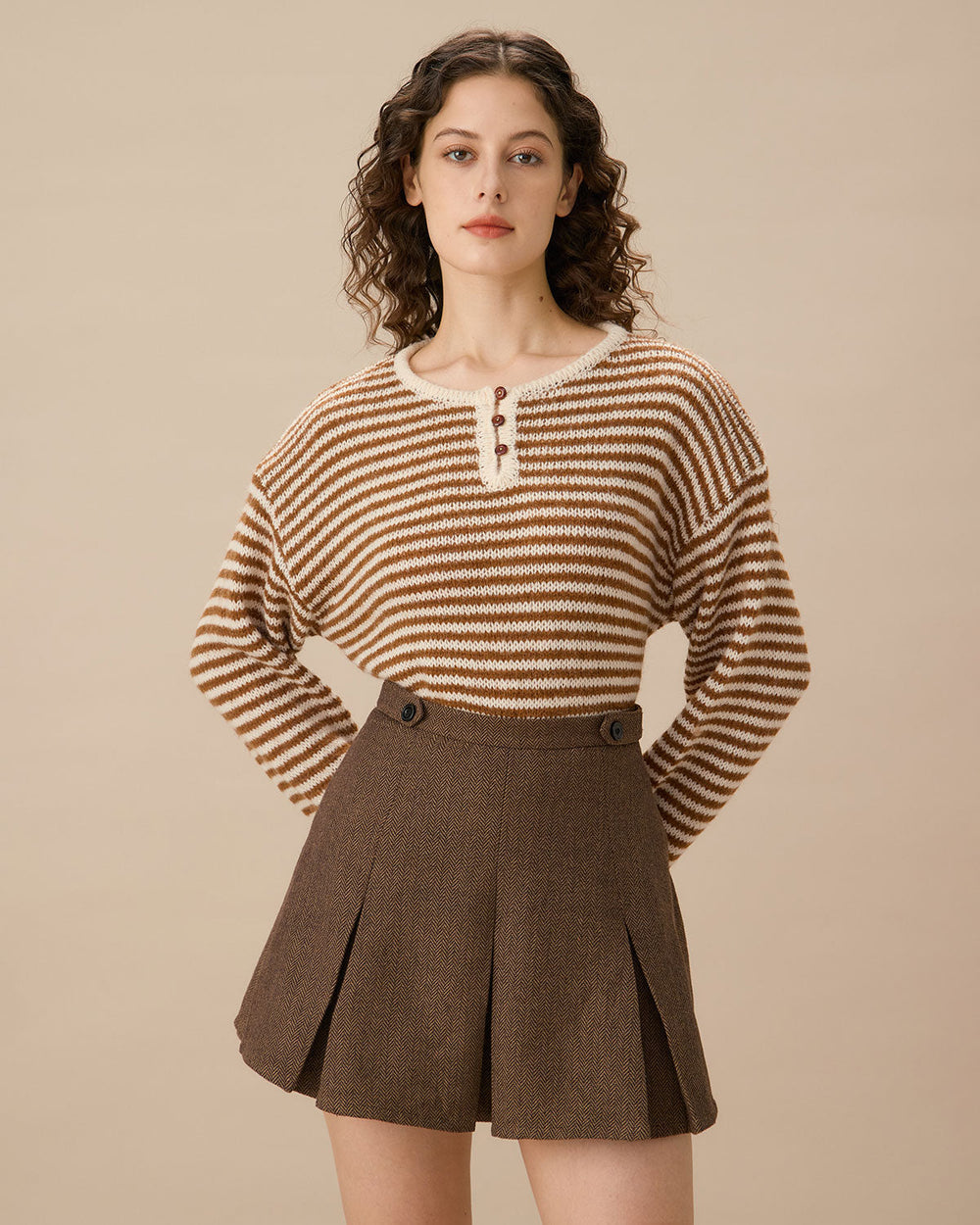 Brown Striped Pleated Mini Skirt | Rihoas