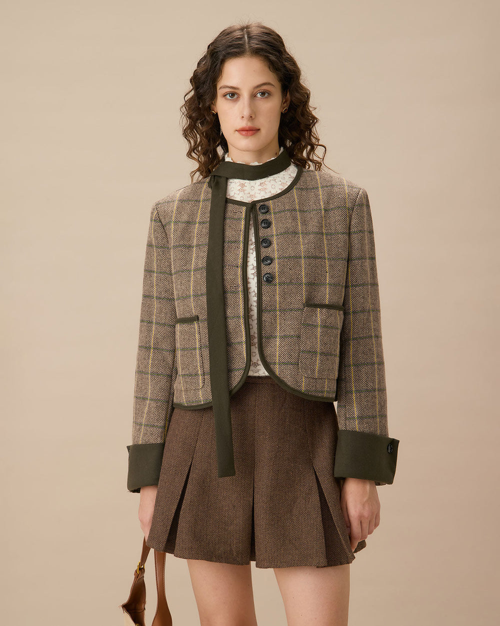 Brown Striped Pleated Mini Skirt | Rihoas