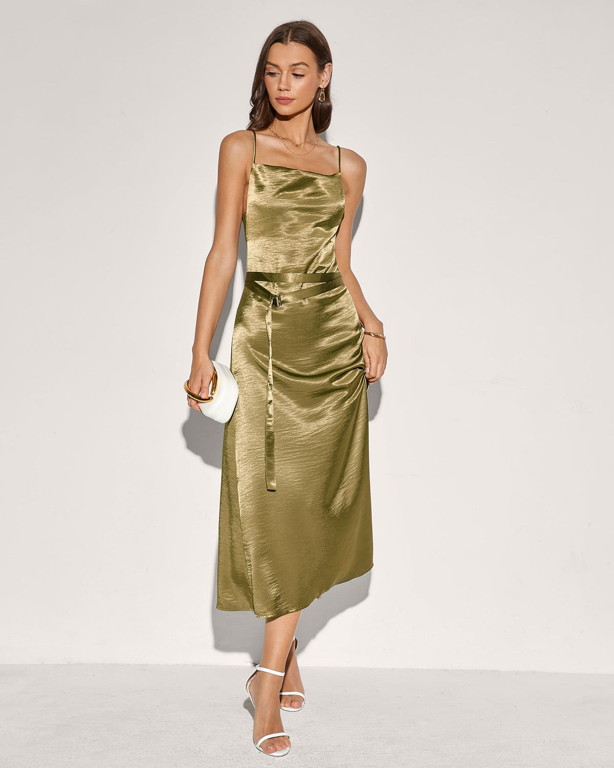 Green Belt Slip Midi Dress | Rihoas