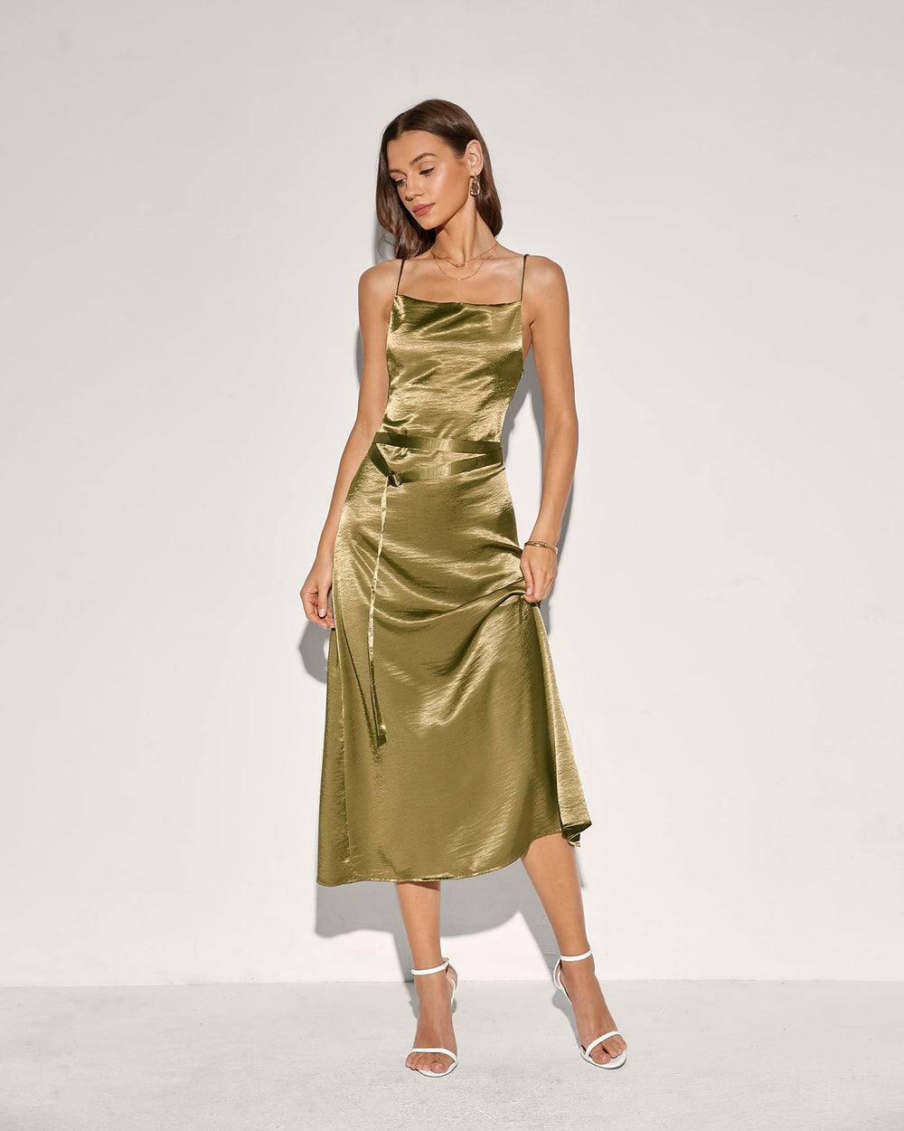 Green Belt Slip Midi Dress | Rihoas