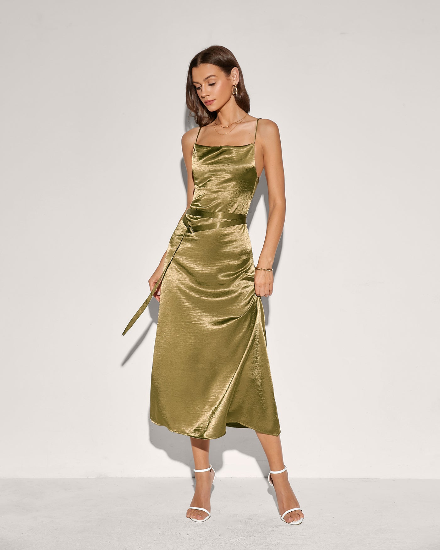 Green Belt Slip Midi Dress | Rihoas