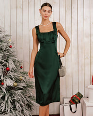 Green Satin Ruched Sleeveless Midi Dress | Rihoas