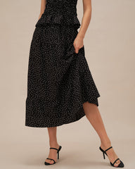 Black Polka Dot Ruched Midi Skirt | Rihoas
