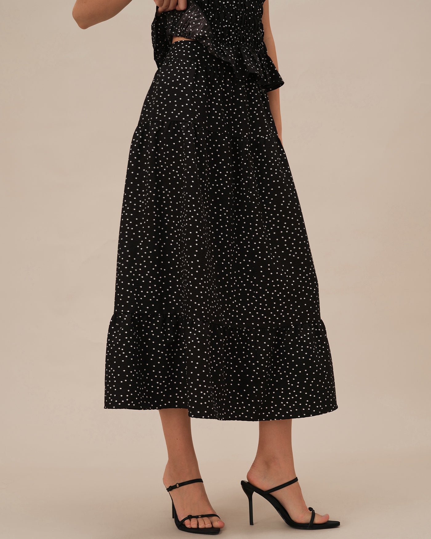 Black Polka Dot Ruched Midi Skirt | Rihoas