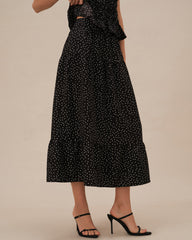 Black Polka Dot Ruched Midi Skirt | Rihoas