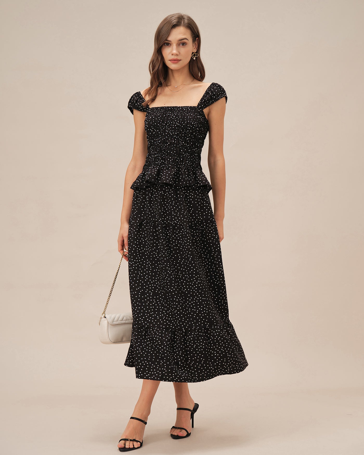 Black Polka Dot Ruched Midi Skirt | Rihoas