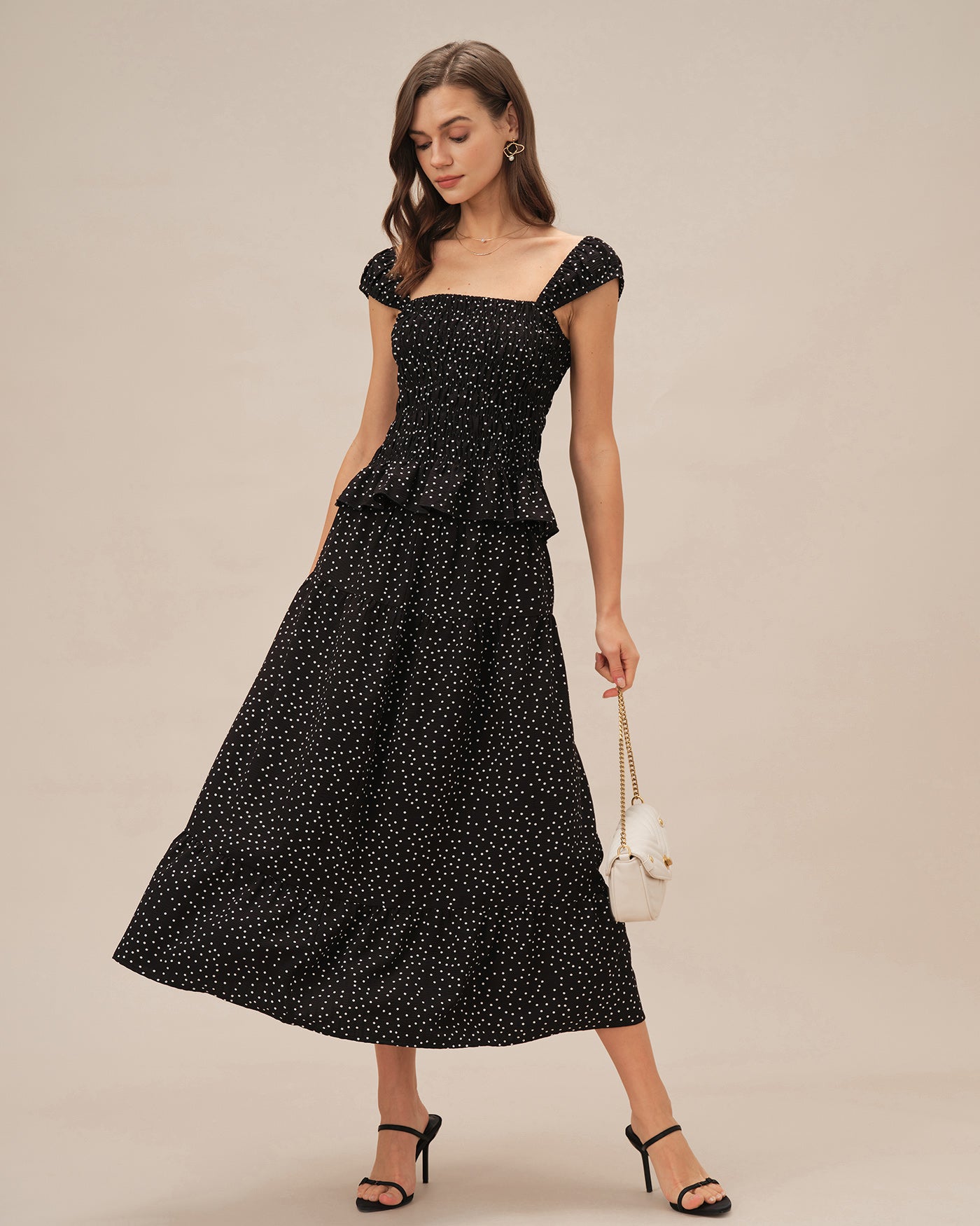 Black Polka Dot Ruched Midi Skirt | Rihoas