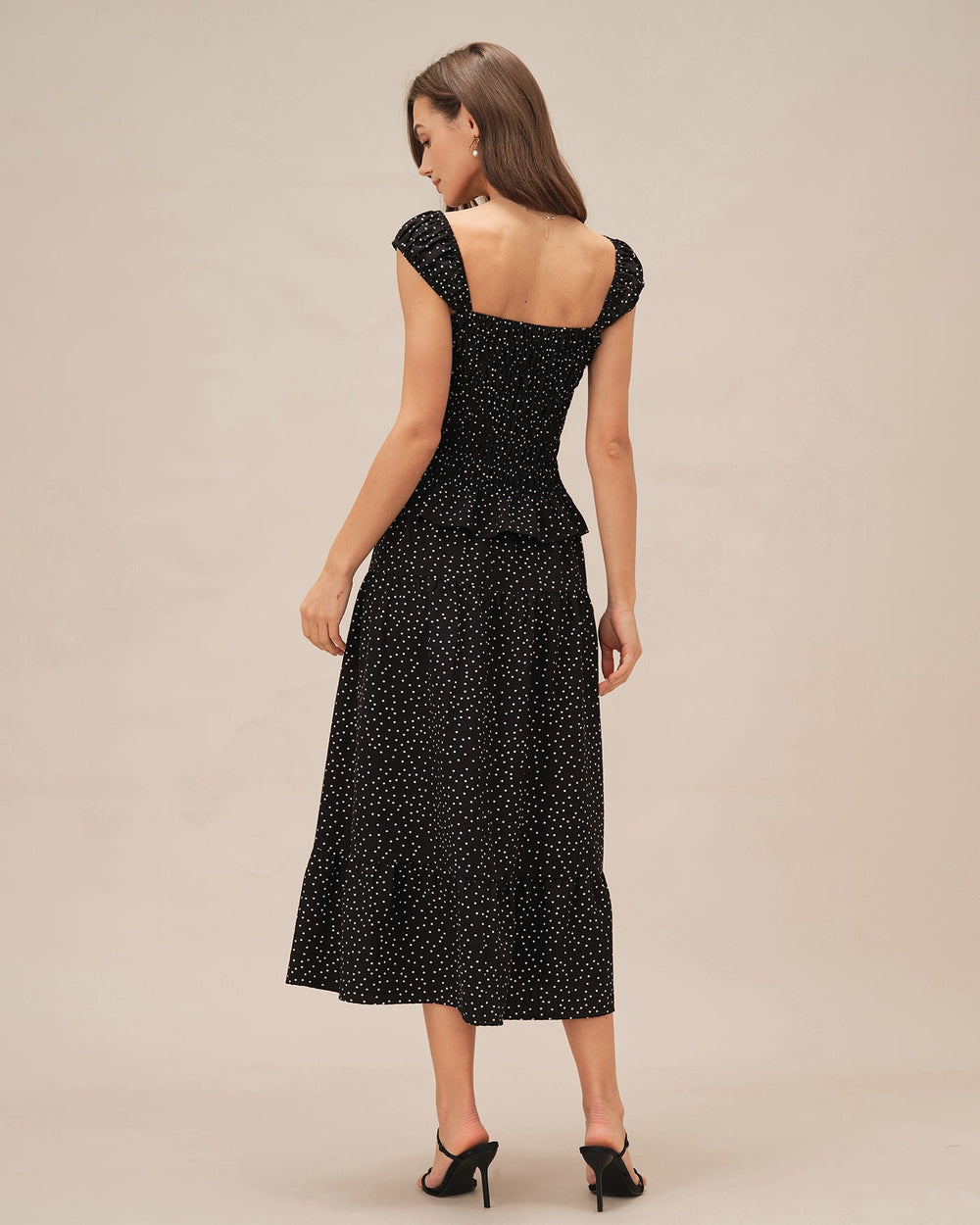 Black Polka Dot Ruched Midi Skirt | Rihoas