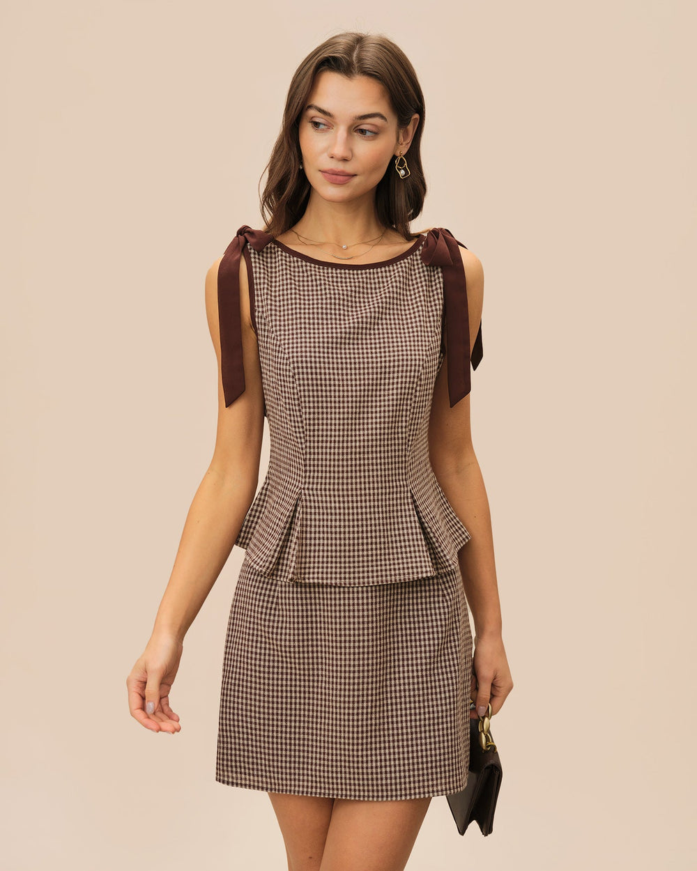 Brown Plaid Cotton Mini Skirt | Rihoas