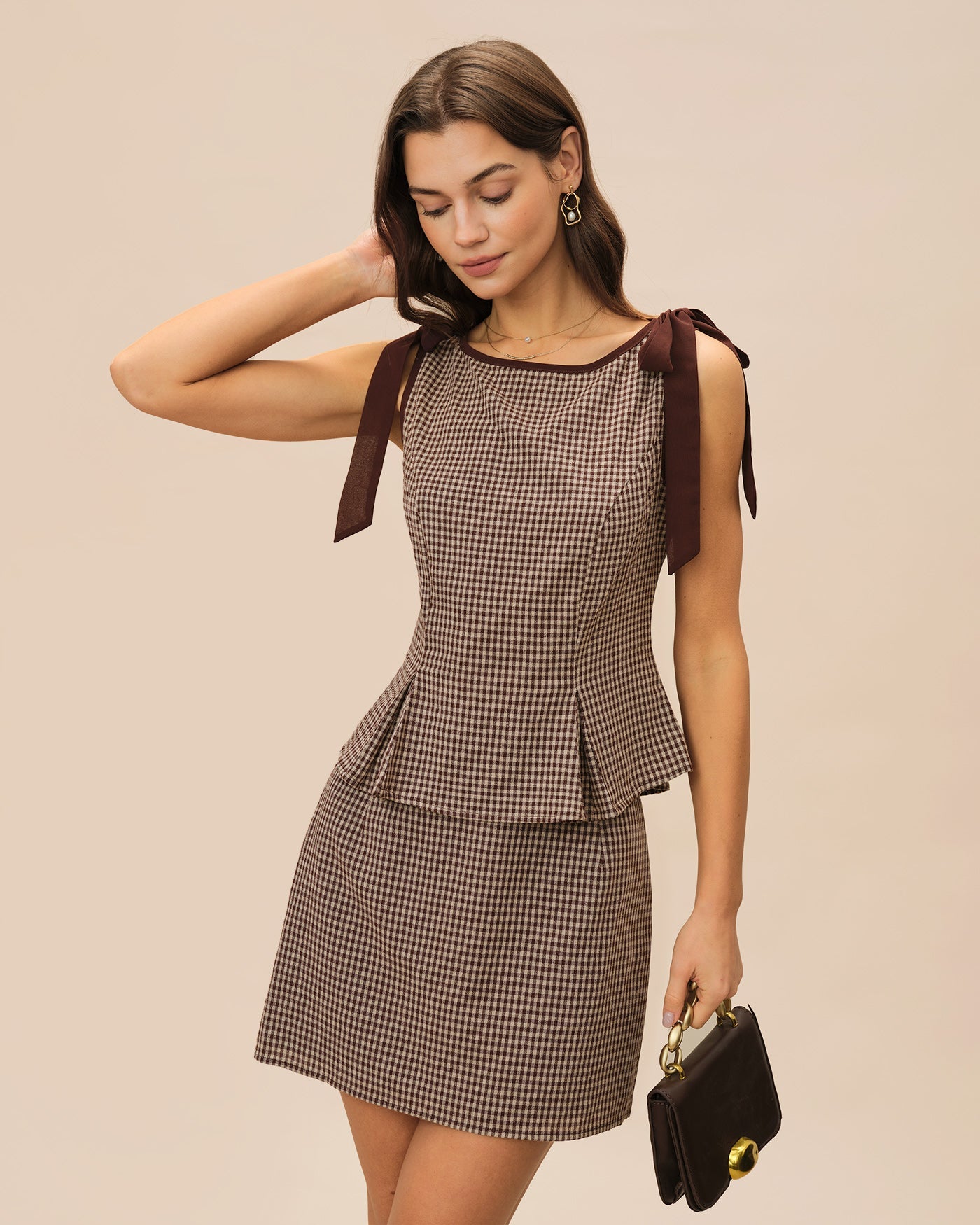 Brown Plaid Cotton Mini Skirt | Rihoas