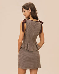 Brown Plaid Cotton Mini Skirt | Rihoas