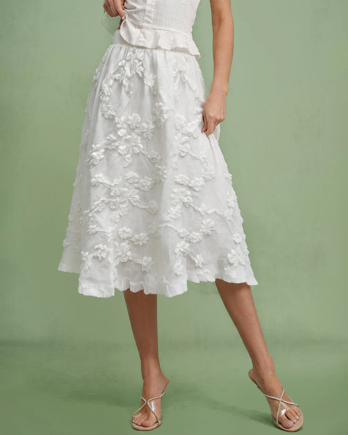 White Flowers Elastic Waist Midi Skirt | Rihoas