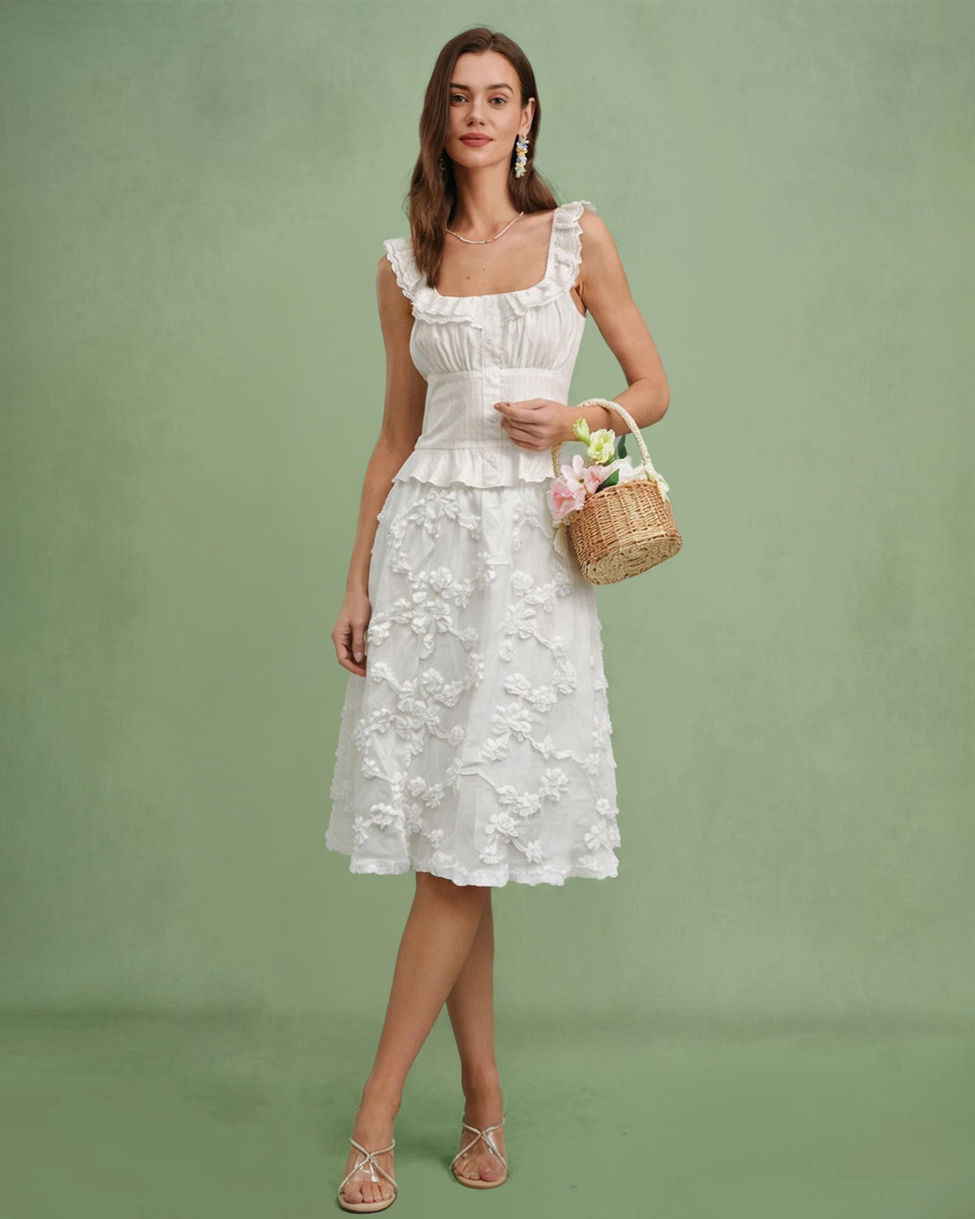 White Flowers Elastic Waist Midi Skirt | Rihoas