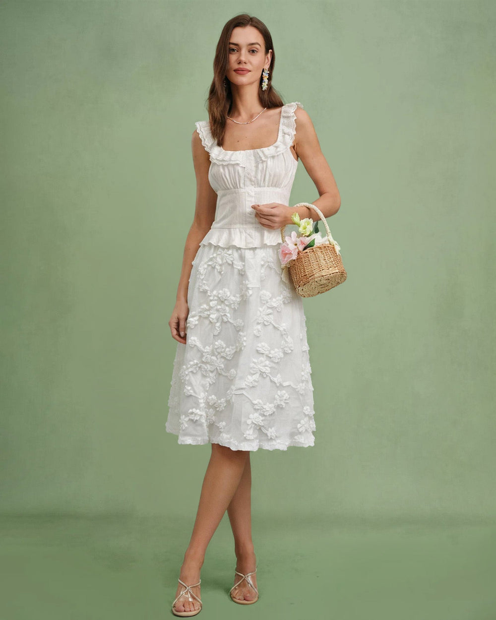 White Flowers Elastic Waist Midi Skirt | Rihoas
