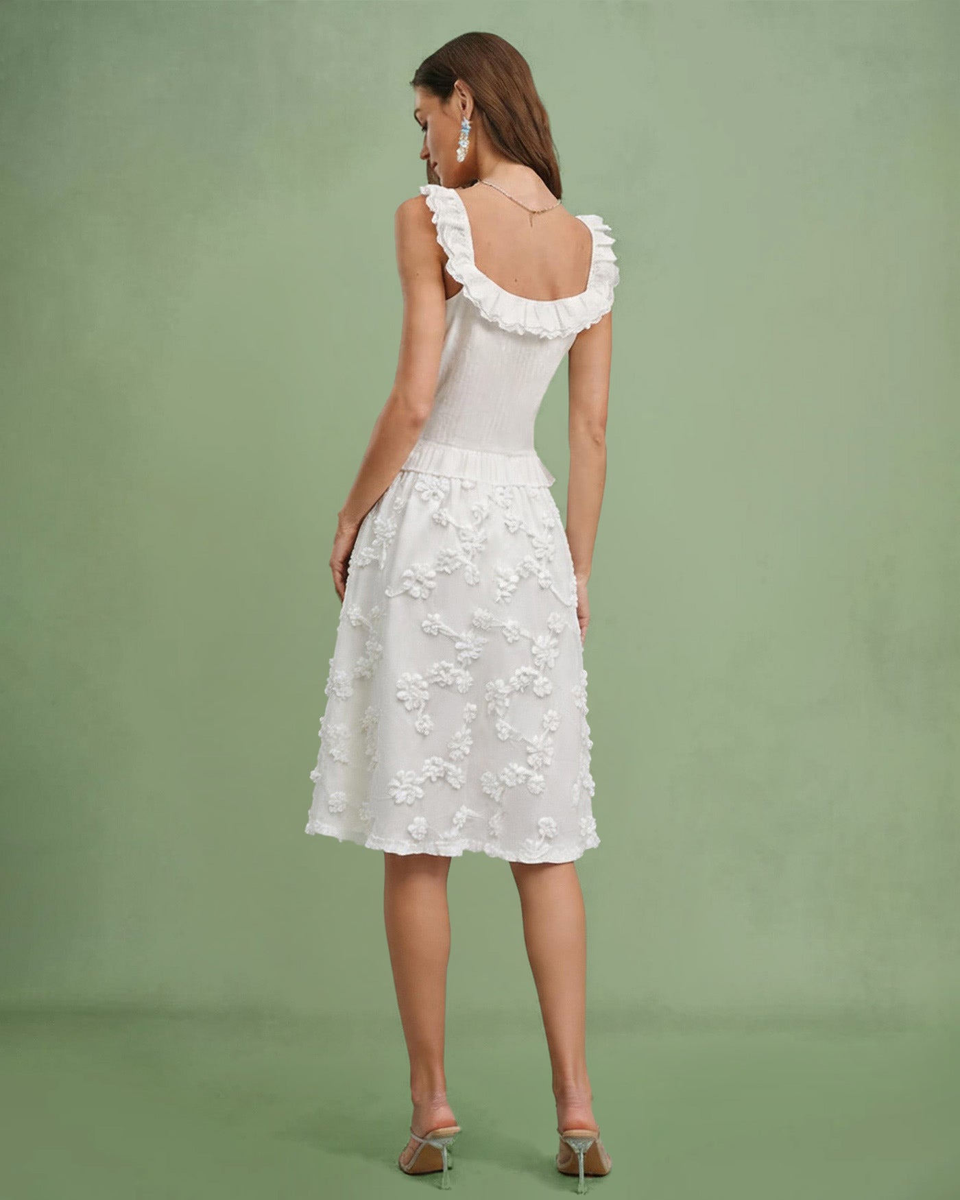 White Flowers Elastic Waist Midi Skirt | Rihoas