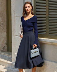 Navy A-Line Pocket Midi Skirt | Rihoas